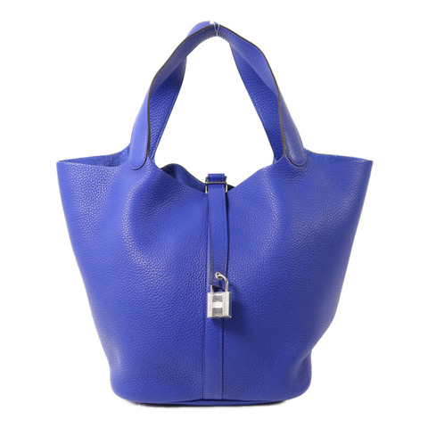 HERMES Clemence皮革Picotin GM銀扣手挽袋Bleu Electrique
