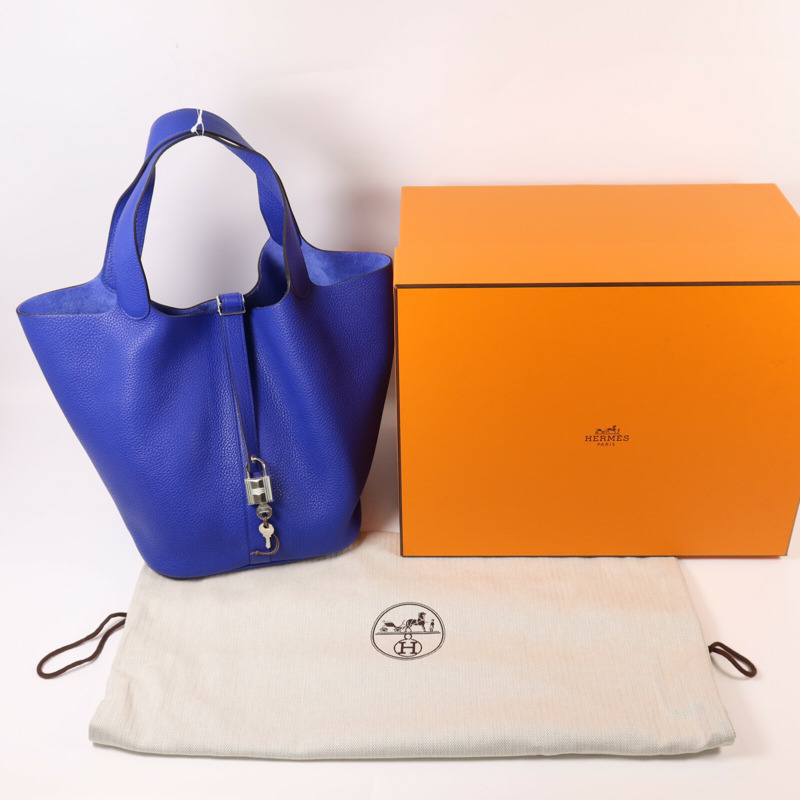 HERMES Clemence皮革Picotin GM銀扣手挽袋Bleu Electrique-9