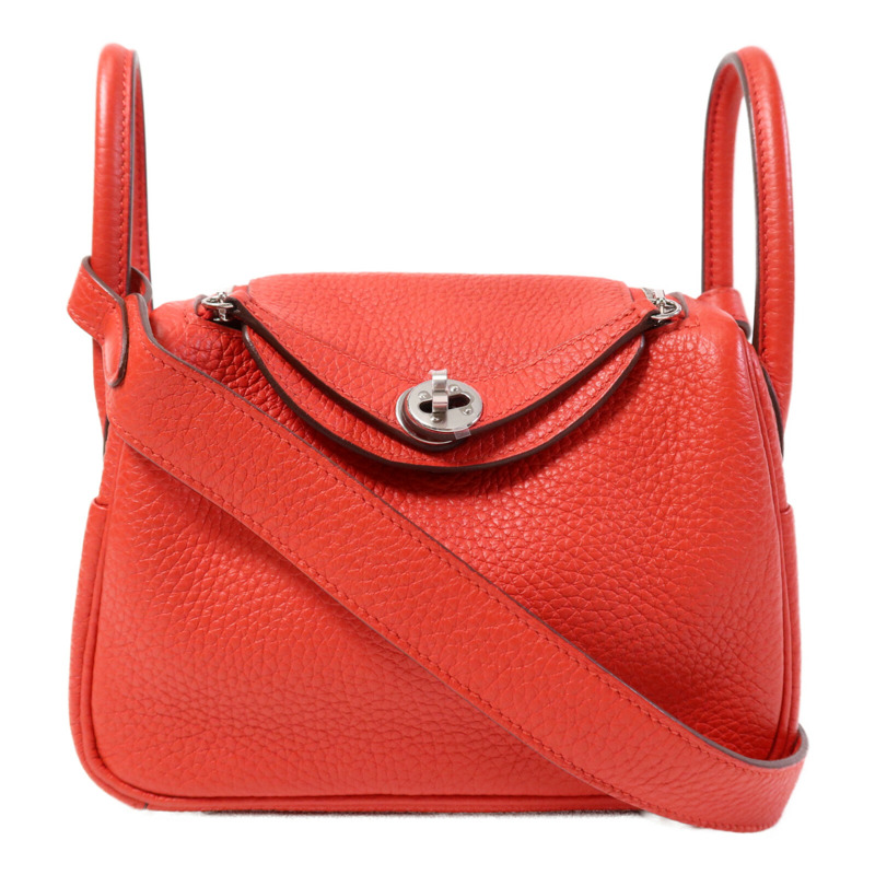 HERMES Clemence皮革Mini Lindy銀扣手挽肩背兩用袋Rouge de Coeur-0