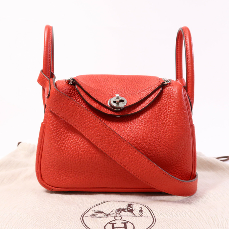 HERMES Clemence皮革Mini Lindy銀扣手挽肩背兩用袋Rouge de Coeur-9