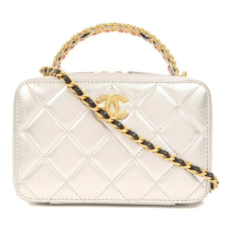 CHANEL 牛皮皮革Vanity Case金扣鏈帶手挽肩背兩用袋-0