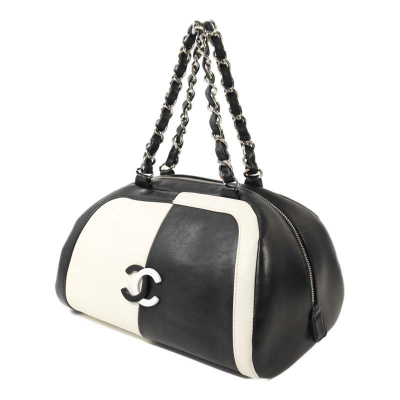 CHANEL 羊皮皮革Boston Bag銀扣鏈帶手挽袋-2