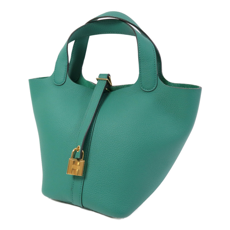 HERMES Clemence皮革Picotin PM金扣手挽袋Vert Vertigo-2