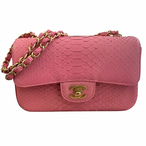 CHANEL 香奈兒 A69900 CF 20 口蓋包 蟒蛇皮 粉色 金釦
