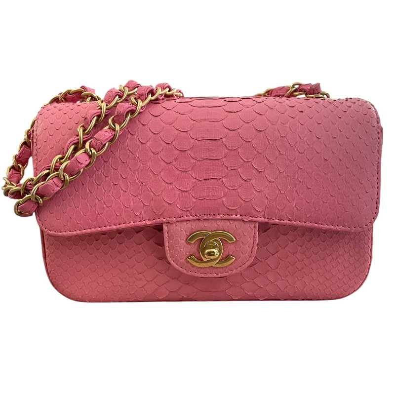 CHANEL 香奈兒 A69900 CF 20 口蓋包 蟒蛇皮 粉色 金釦-0