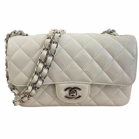 CHANEL 香奈兒 A69900 CF 20 爆裂紋珠光口蓋包 皮革 珍珠白 銀釦