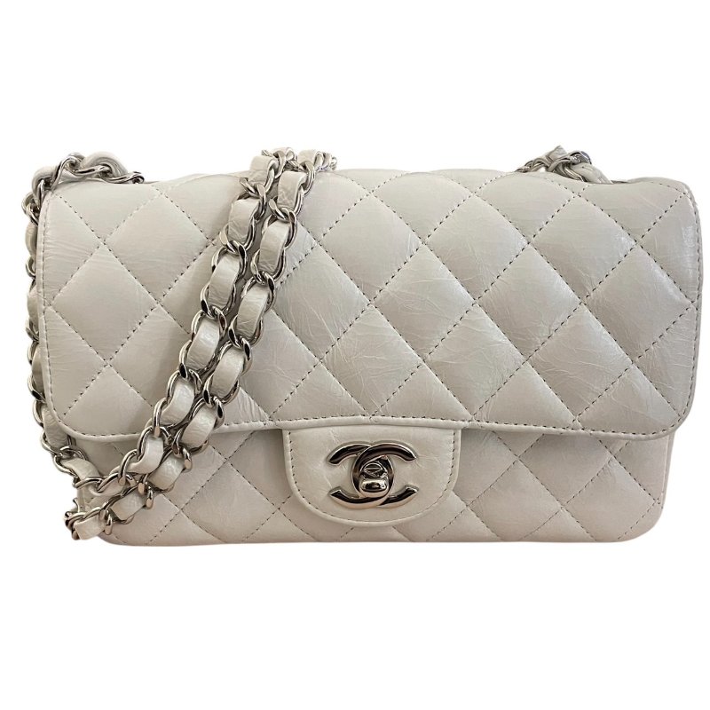 CHANEL 香奈兒 A69900 CF 20 爆裂紋珠光口蓋包 皮革 珍珠白 銀釦-0