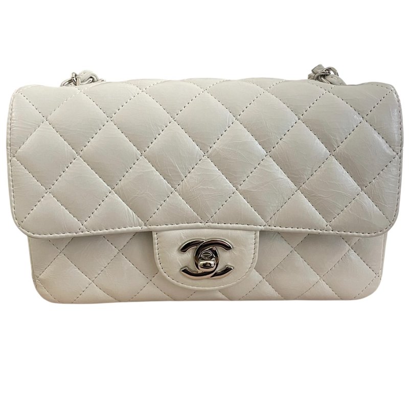 CHANEL 香奈兒 A69900 CF 20 爆裂紋珠光口蓋包 皮革 珍珠白 銀釦-1