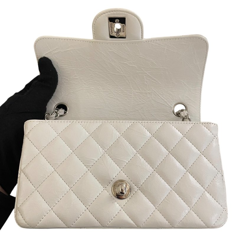 CHANEL 香奈兒 A69900 CF 20 爆裂紋珠光口蓋包 皮革 珍珠白 銀釦-11