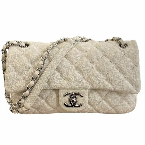 CHANEL 香奈兒 CF 25 單層拉鍊口蓋包 荔枝牛皮 白色 銀釦