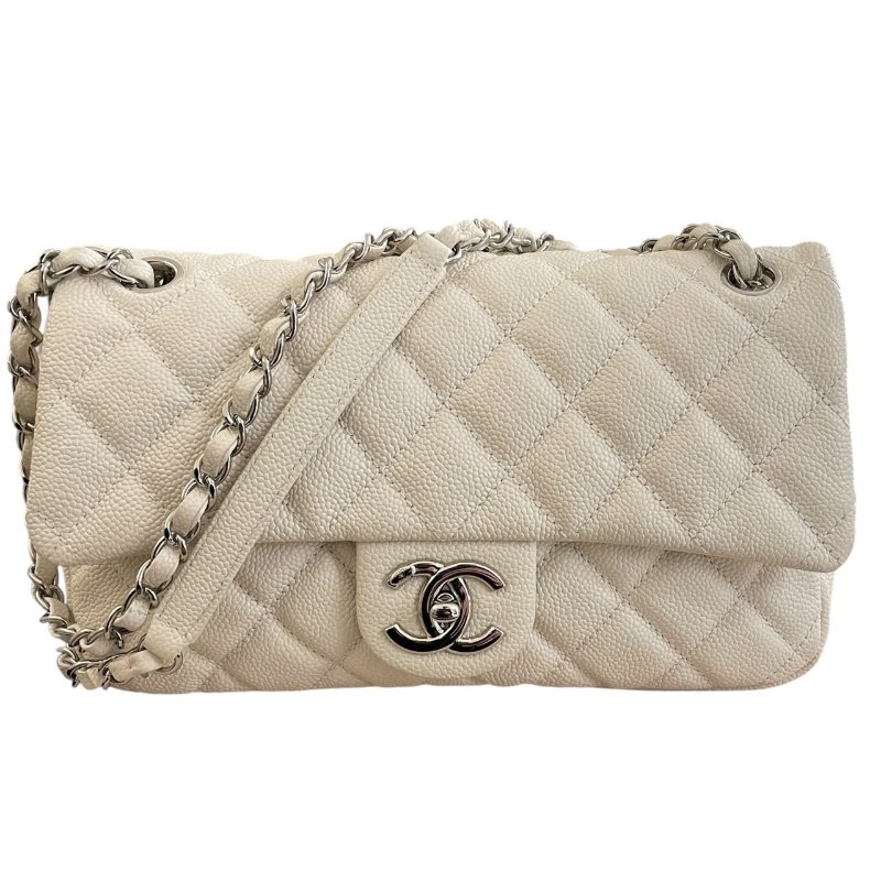 CHANEL 香奈兒 CF 25 單層拉鍊口蓋包 荔枝牛皮 白色 銀釦-0