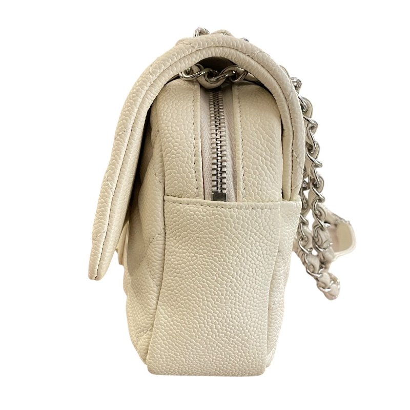 CHANEL 香奈兒 CF 25 單層拉鍊口蓋包 荔枝牛皮 白色 銀釦-4