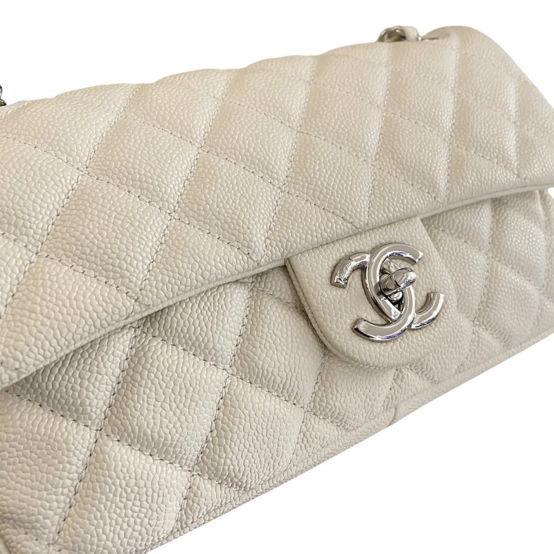 CHANEL 香奈兒 CF 25 單層拉鍊口蓋包 荔枝牛皮 白色 銀釦-10