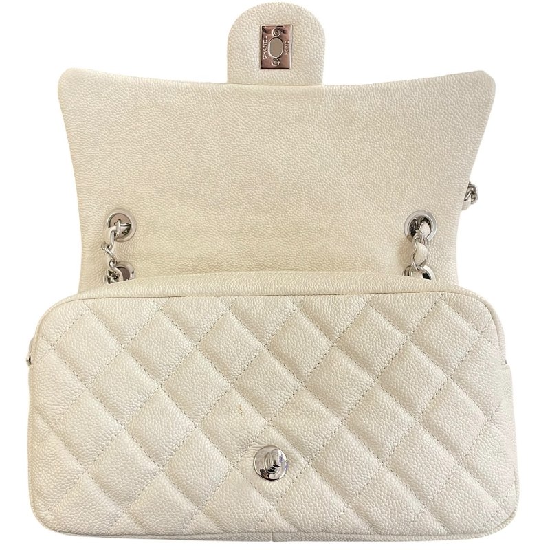 CHANEL 香奈兒 CF 25 單層拉鍊口蓋包 荔枝牛皮 白色 銀釦-11