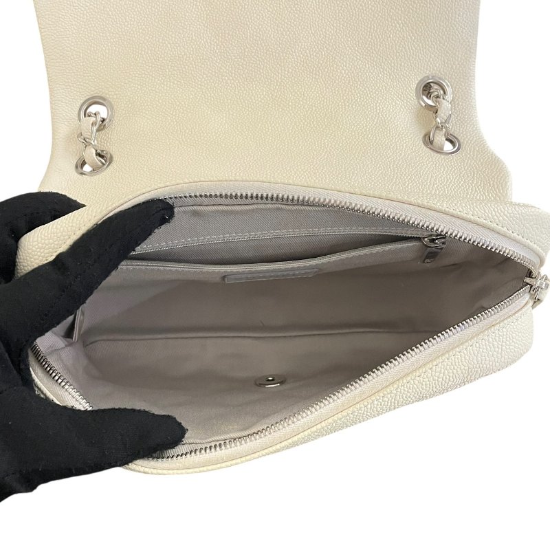 CHANEL 香奈兒 CF 25 單層拉鍊口蓋包 荔枝牛皮 白色 銀釦-13