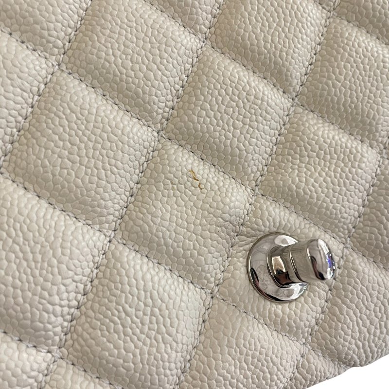 CHANEL 香奈兒 CF 25 單層拉鍊口蓋包 荔枝牛皮 白色 銀釦-14