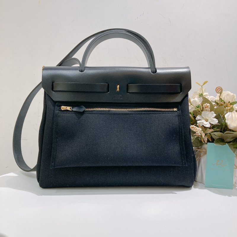 TW4708  Hermes 愛馬仕 手拎 肩背包 帆布拼皮 黑金扣Herbag 31 Black x GHW-1
