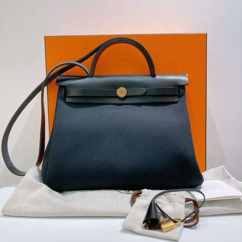 TW4708  Hermes 愛馬仕 手拎 肩背包 帆布拼皮 黑金扣Herbag 31 Black x GHW-24
