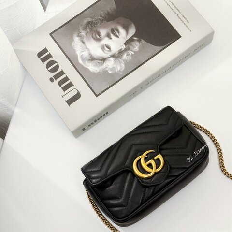 Y1976-GUCCI Marmont黑牛皮金釦迷你鍊條斜背包476433