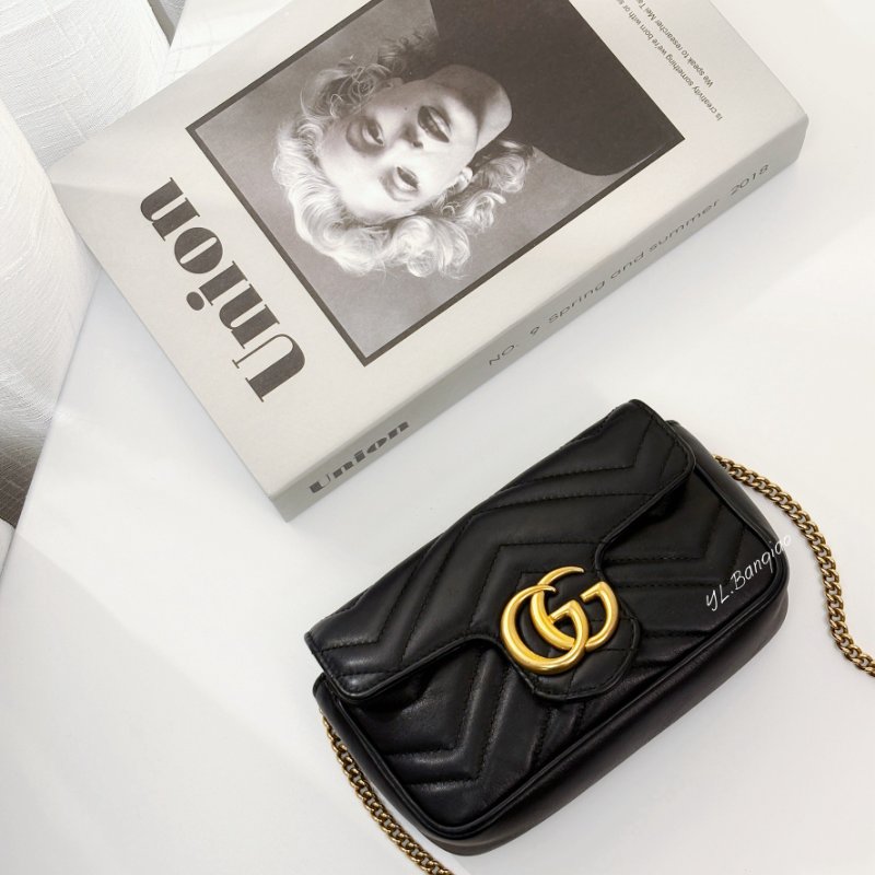 Y1976-GUCCI Marmont黑牛皮金釦迷你鍊條斜背包476433-0