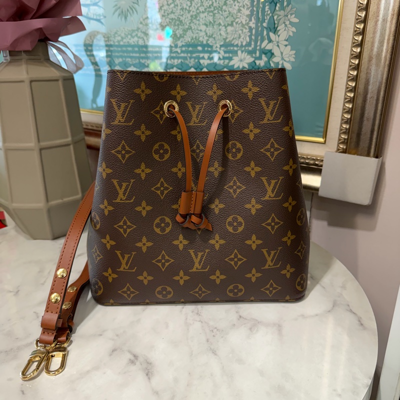 LV 原花拼咖皮邊NeoNeo MM金釦束口肩斜背水桶包M44887-0