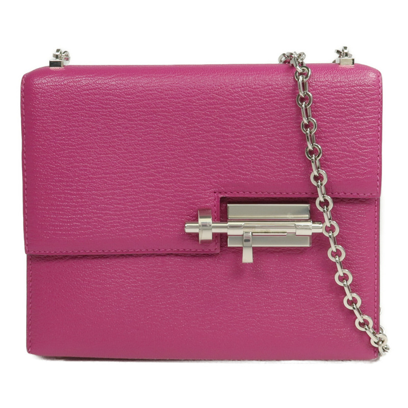 HERMES Chevre皮革Verrou Mini銀扣鏈帶肩背袋Rose Pourpre-0