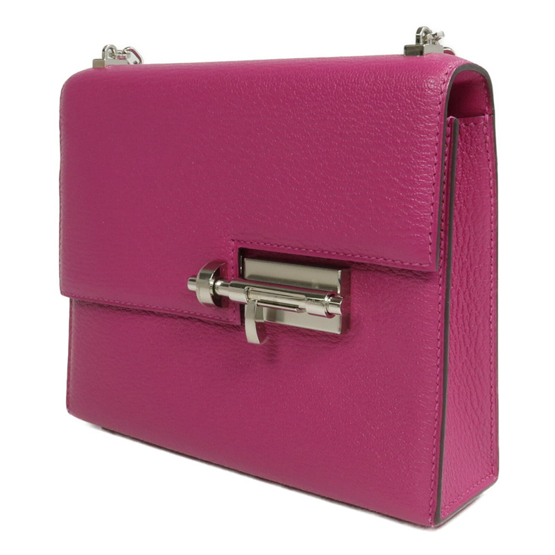 HERMES Chevre皮革Verrou Mini銀扣鏈帶肩背袋Rose Pourpre-2