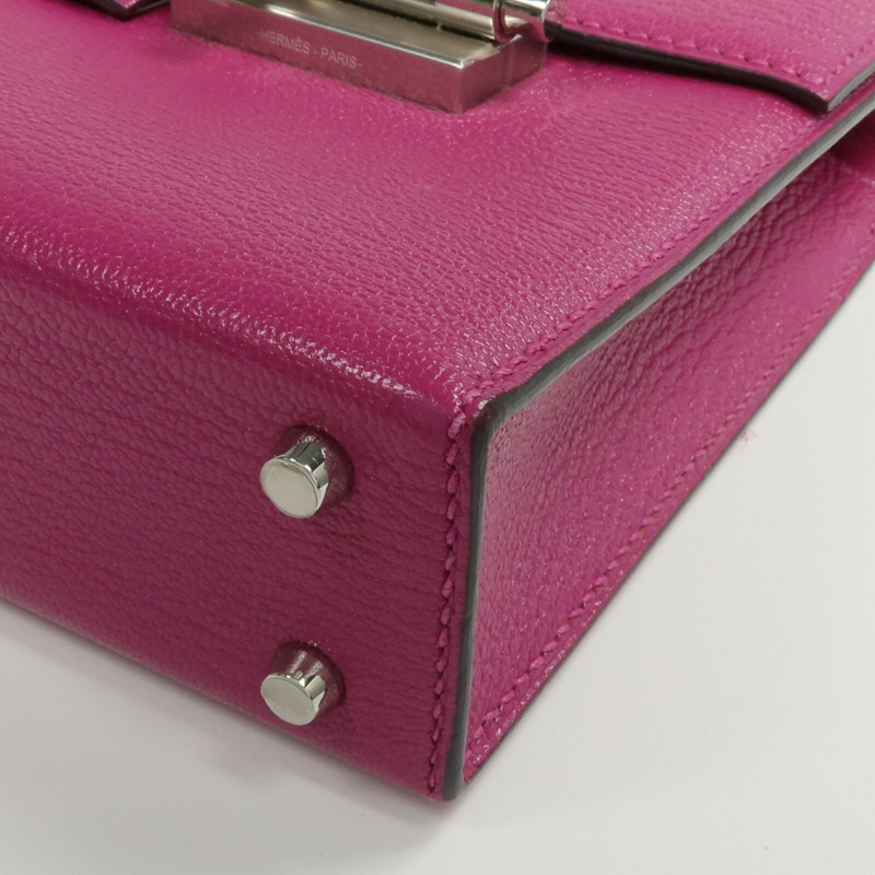 HERMES Chevre皮革Verrou Mini銀扣鏈帶肩背袋Rose Pourpre-5