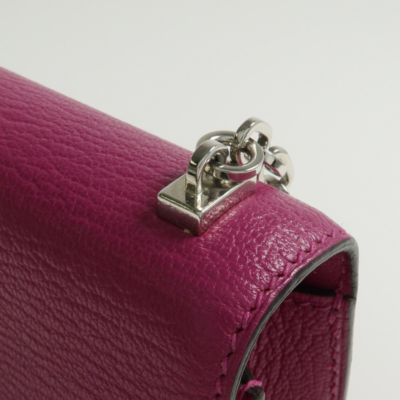 HERMES Chevre皮革Verrou Mini銀扣鏈帶肩背袋Rose Pourpre-10