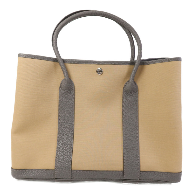 HERMES 帆布Garden Party PM銀扣手挽袋Beige/Gris Meyer-0