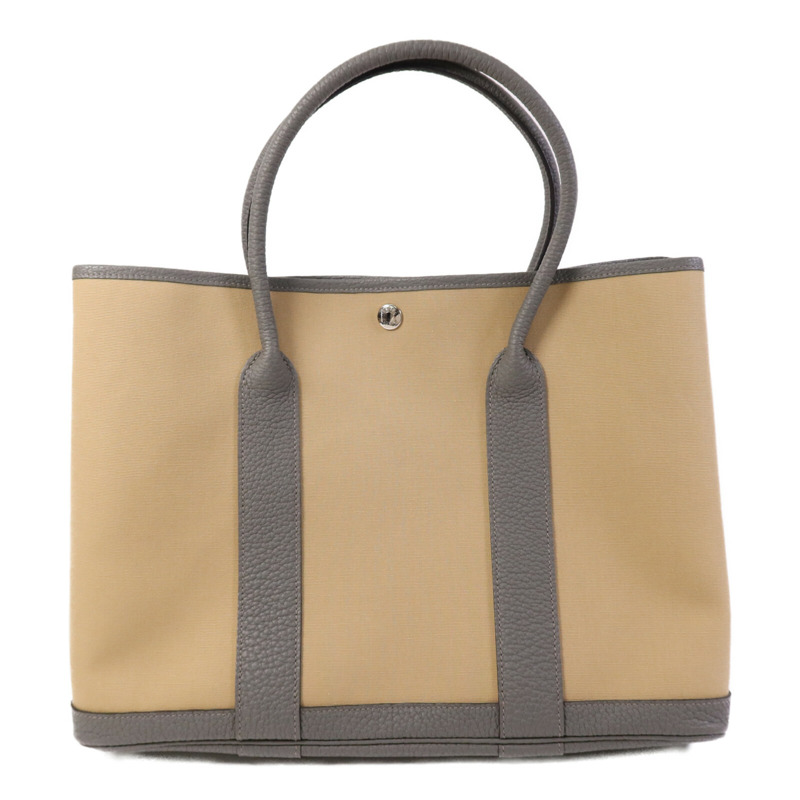 HERMES 帆布Garden Party PM銀扣手挽袋Beige/Gris Meyer-1