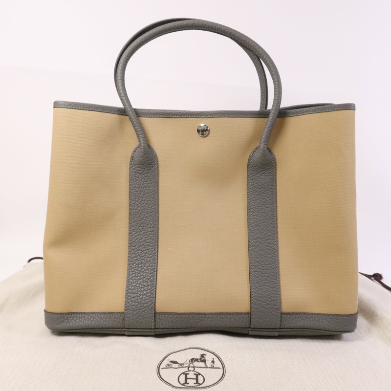 HERMES 帆布Garden Party PM銀扣手挽袋Beige/Gris Meyer-9