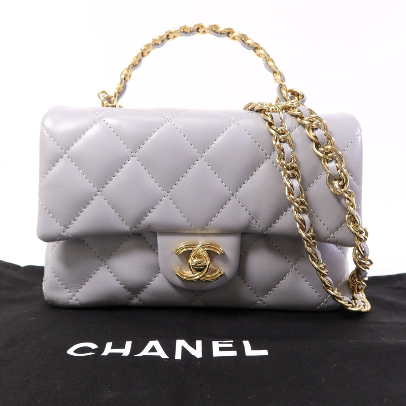 CHANEL 羊皮皮革Chain Shoulder金扣手挽肩背兩用袋-9
