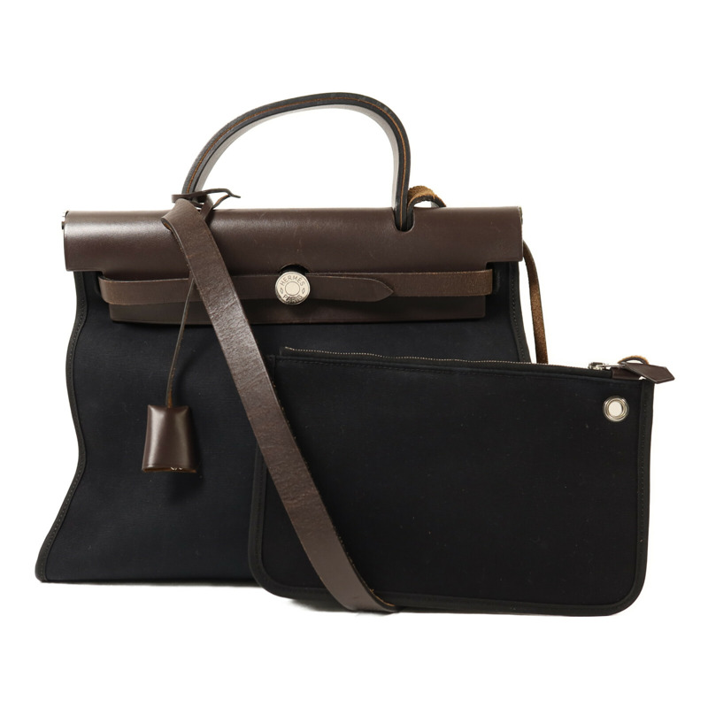 HERMES 帆布Herbag PM銀扣手挽肩背兩用袋Noir-0