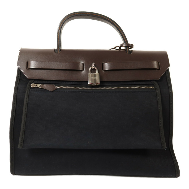 HERMES 帆布Herbag PM銀扣手挽肩背兩用袋Noir-1