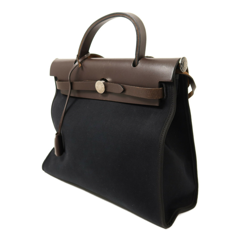 HERMES 帆布Herbag PM銀扣手挽肩背兩用袋Noir-2