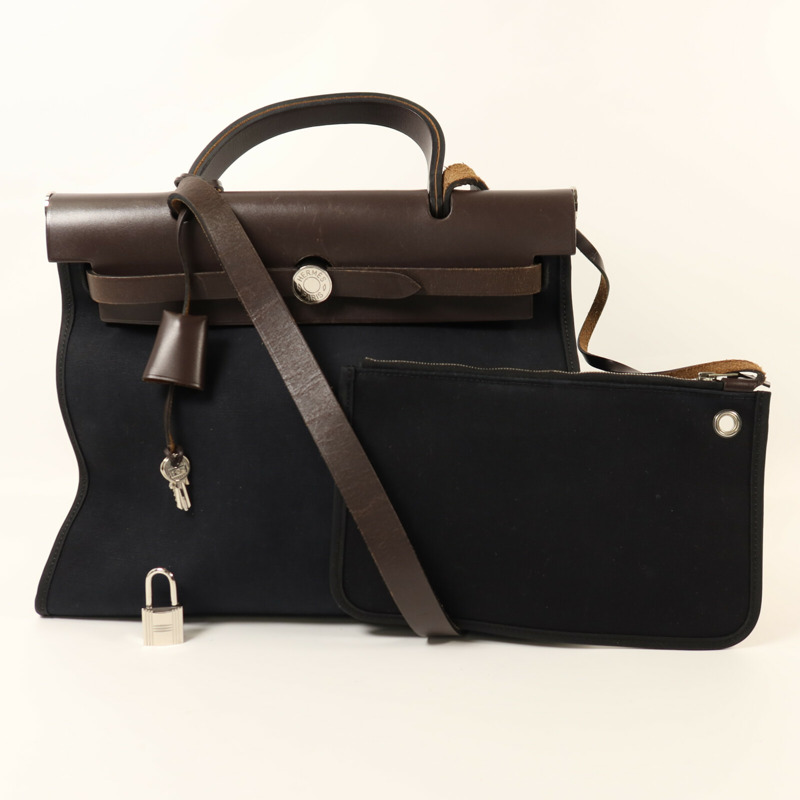 HERMES 帆布Herbag PM銀扣手挽肩背兩用袋Noir-4