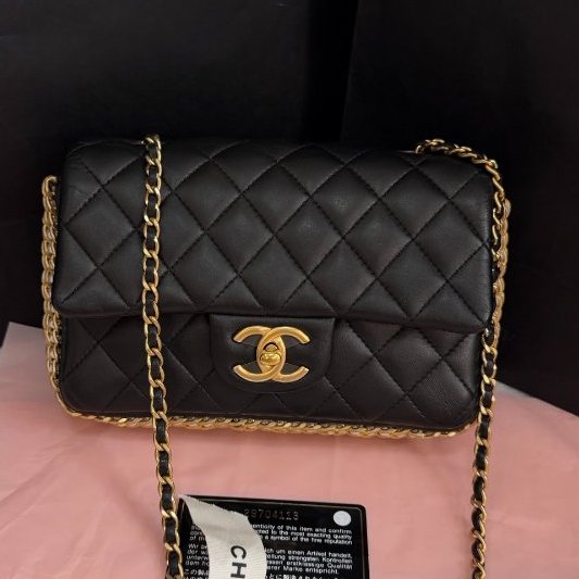 閒置新 香奈兒/Chanel  珍珠滾邊黑金CF大mini 鏈條肩背包-0