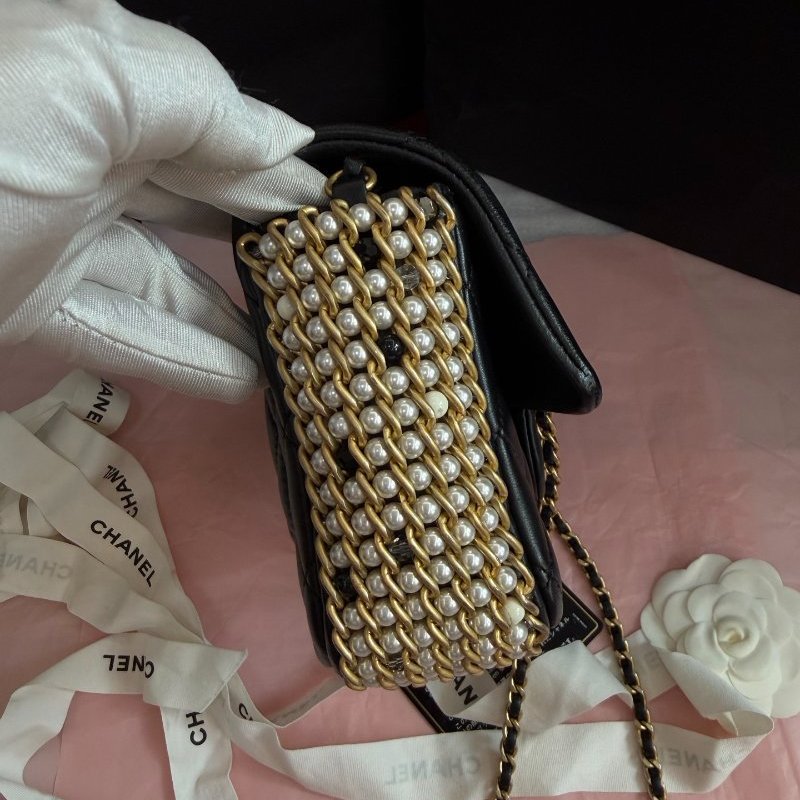 閒置新 香奈兒/Chanel  珍珠滾邊黑金CF大mini 鏈條肩背包-2
