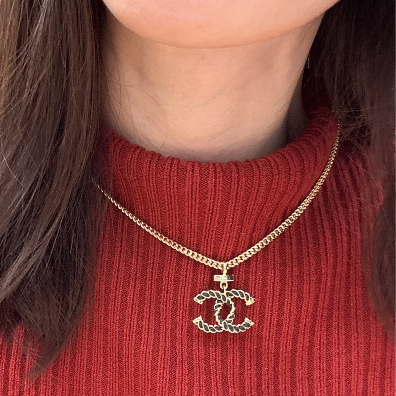 全新 香奈兒 Chanel 24K皮穿鏈 雙C logo 項鏈-6