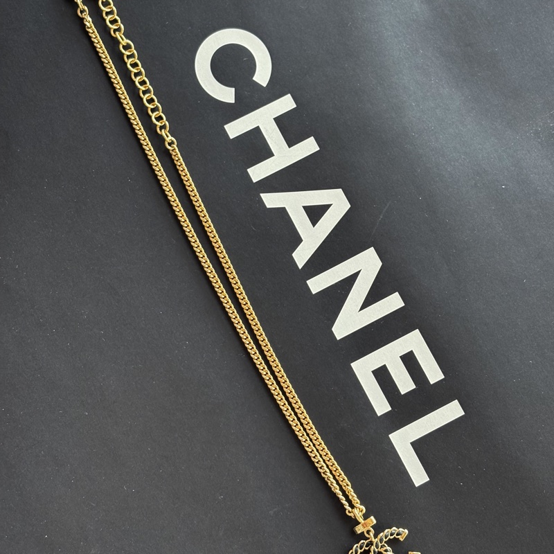 全新 香奈兒 Chanel 24K皮穿鏈 雙C logo 項鏈-10