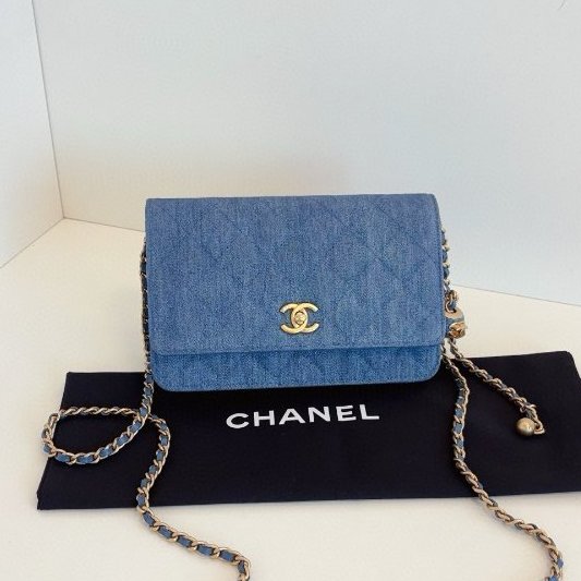 近新品 香奈兒/Chanel 牛仔金球淺單寧Woc鏈條包 芯片款-0