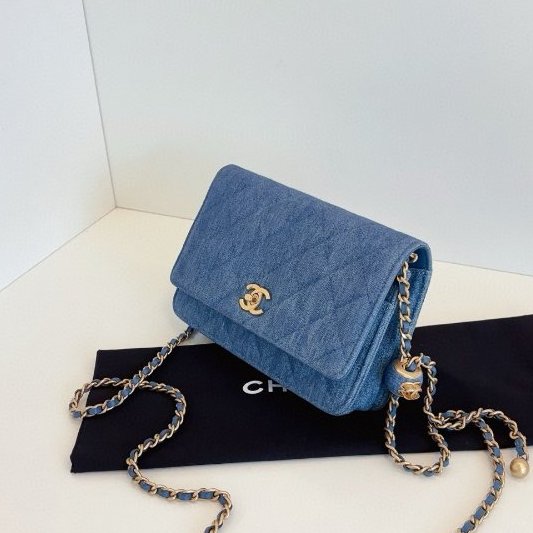 近新品 香奈兒/Chanel 牛仔金球淺單寧Woc鏈條包 芯片款-2