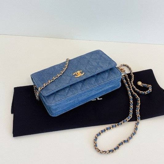 近新品 香奈兒/Chanel 牛仔金球淺單寧Woc鏈條包 芯片款-4