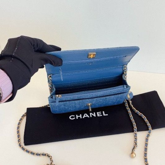 近新品 香奈兒/Chanel 牛仔金球淺單寧Woc鏈條包 芯片款-8