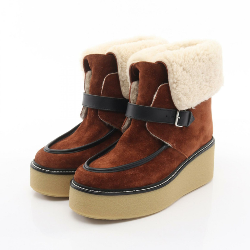 愛馬仕 Emisfer 靴子，麂皮剪絨，棕色/米色，二手女款，38碼-0