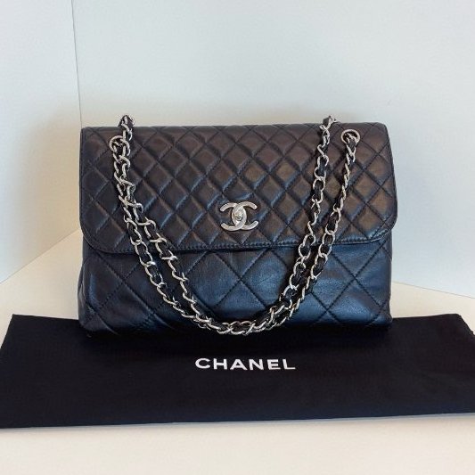 香奈兒/Chanel 黑銀貝嫂牛皮公文鏈條包 大小菱格紋-0