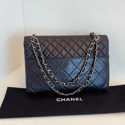 香奈兒/Chanel 黑銀貝嫂牛皮公文鏈條包 大小菱格紋-1