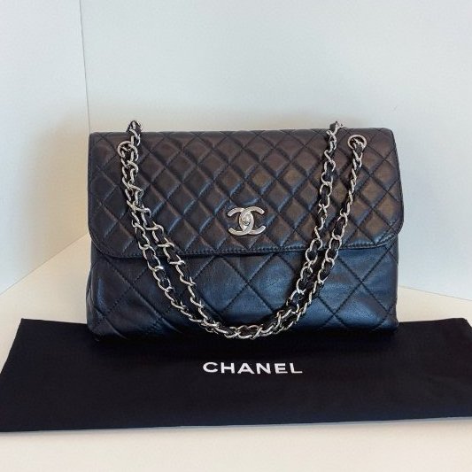 香奈兒/Chanel 黑銀貝嫂牛皮公文鏈條包 大小菱格紋-6