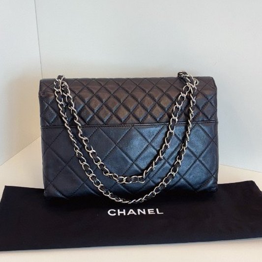 香奈兒/Chanel 黑銀貝嫂牛皮公文鏈條包 大小菱格紋-7